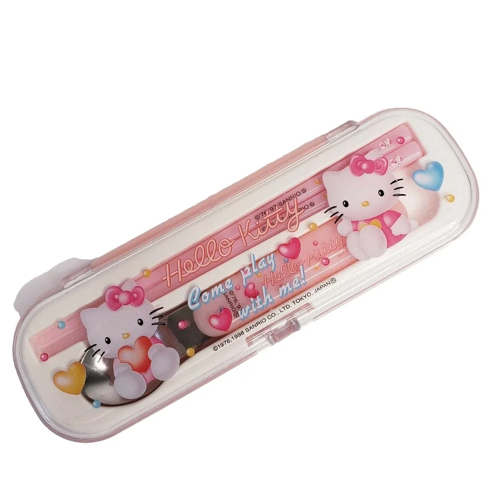 JAPAN Sanrio Hello Kitty Hearts Spoon Chopsticks Box Case Bento Lunch Set 1998